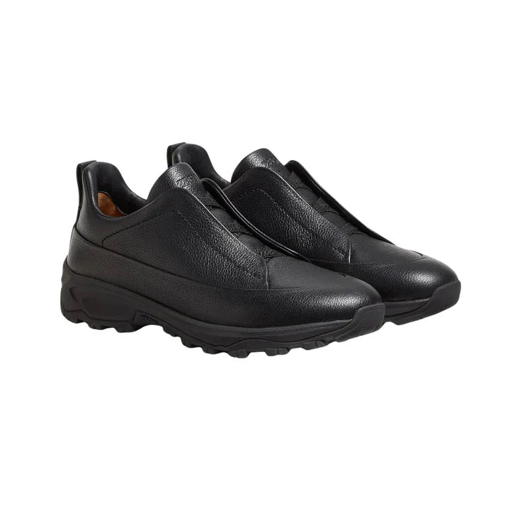 Zegna - Triple Stitch Monte Grained Calf Leather Black Slip On Sneakers